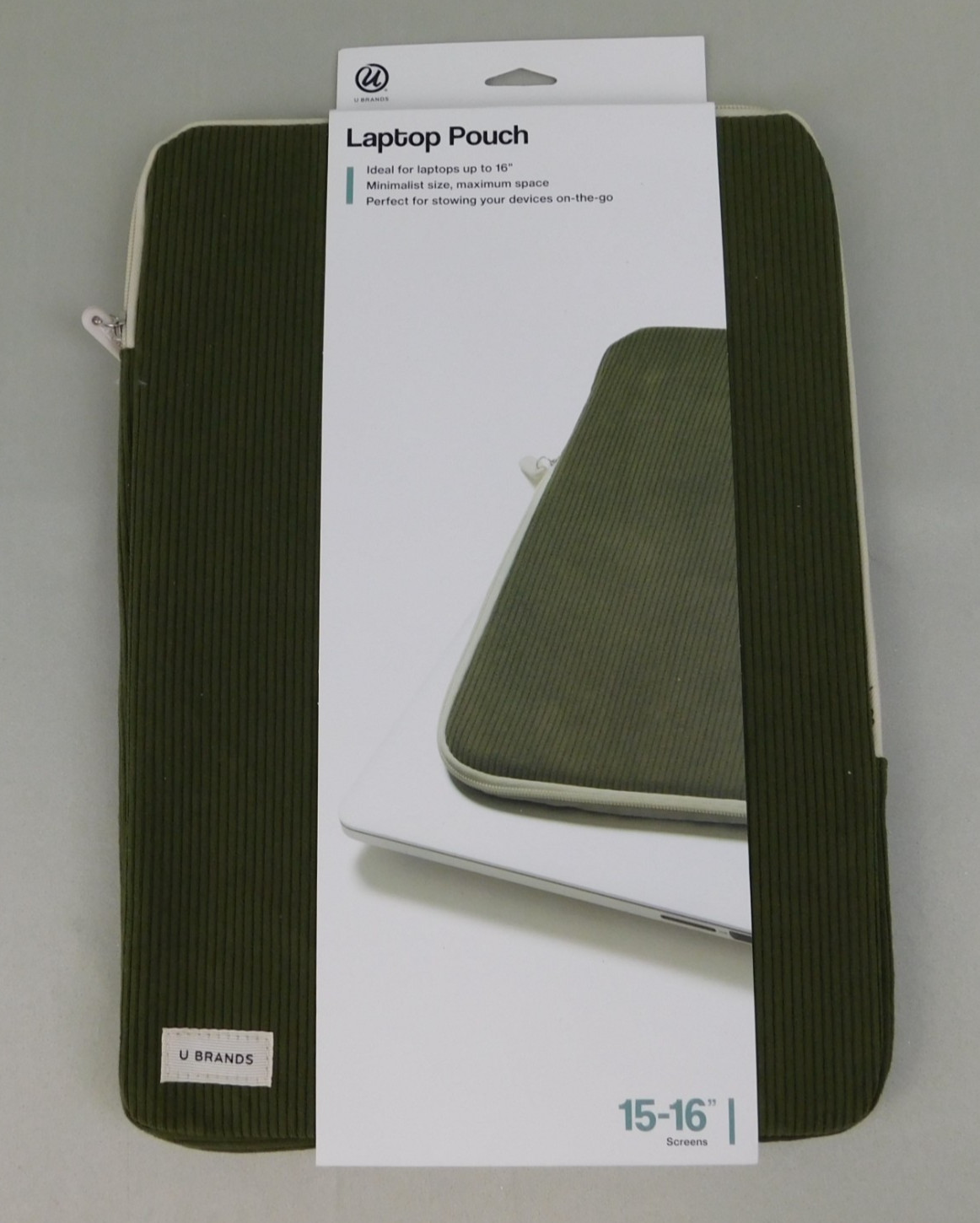 U Brands Corduroy Laptop Tablet Pouch 15x10.5 Zip Closure Olive Green