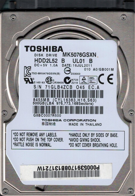 Toshiba MK5076GSXN HDD2L52 B UL01 B 500GB F/W: A0/GB001M THAILAND