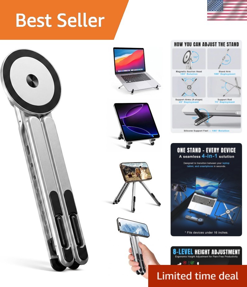 4-in-1 Foldable Laptop Stand Magnetic Phone Holder Silver for MacBook iPad