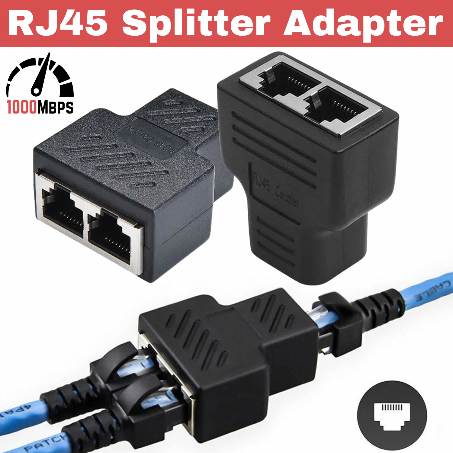 2X RJ45 Splitter Adapter 1 to 2 Way Dual Female Port CAT6/5/7 LAN Ethernet Cable