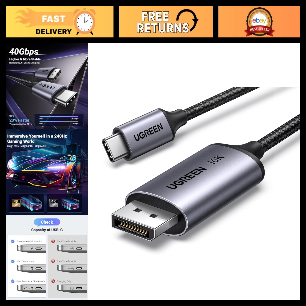 USB C to DisplayPort 2.1 Cable 16K@30Hz 8K@120Hz, 40Gbps, 6.6FT - High-Speed Vid