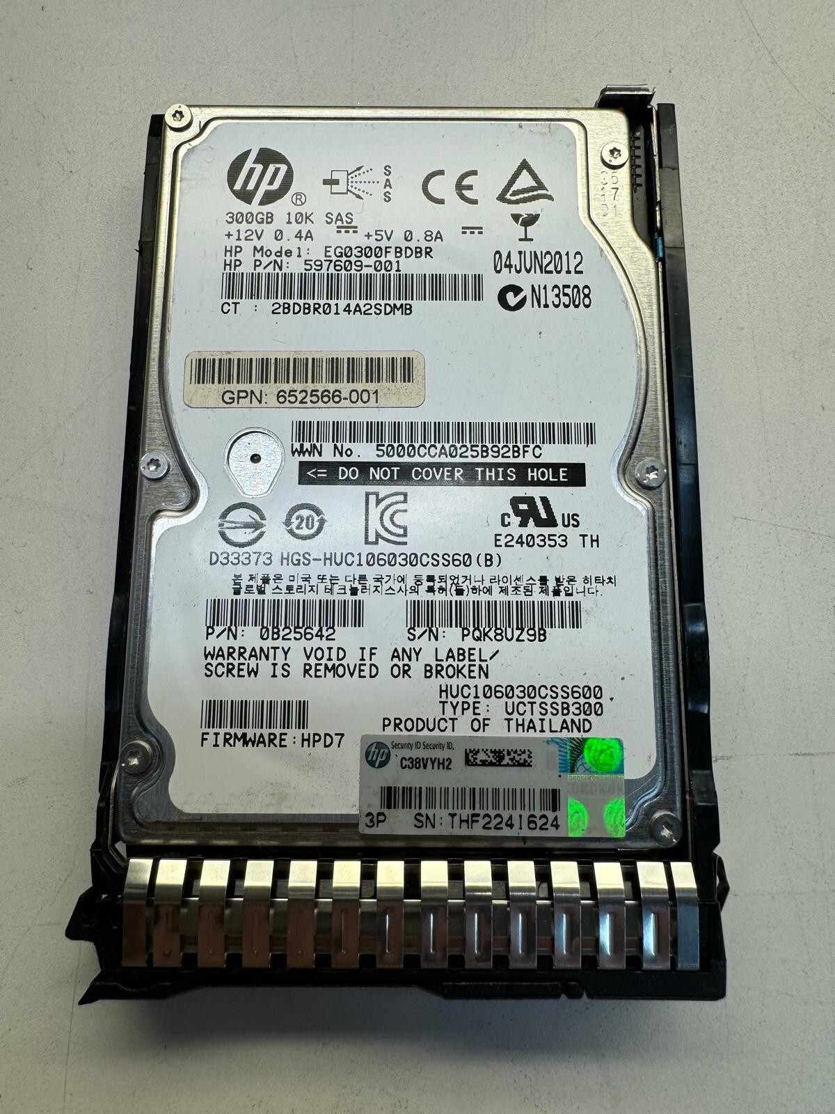 HP 597609-001 EG0300FBDBR 300GB 10K RPM 64MB Cache 6Gbps SAS 2.5" HDD 652566-001