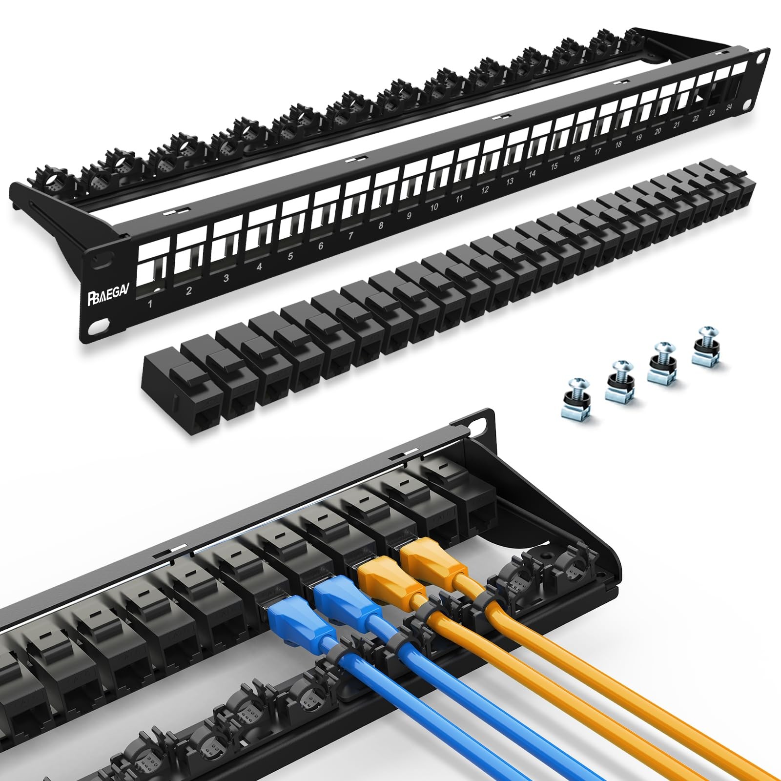 24 Port Patch Panel, 1U, 19 Inch, 24Pcs Cat6A STP Keystone Jacks, 10G, Bar