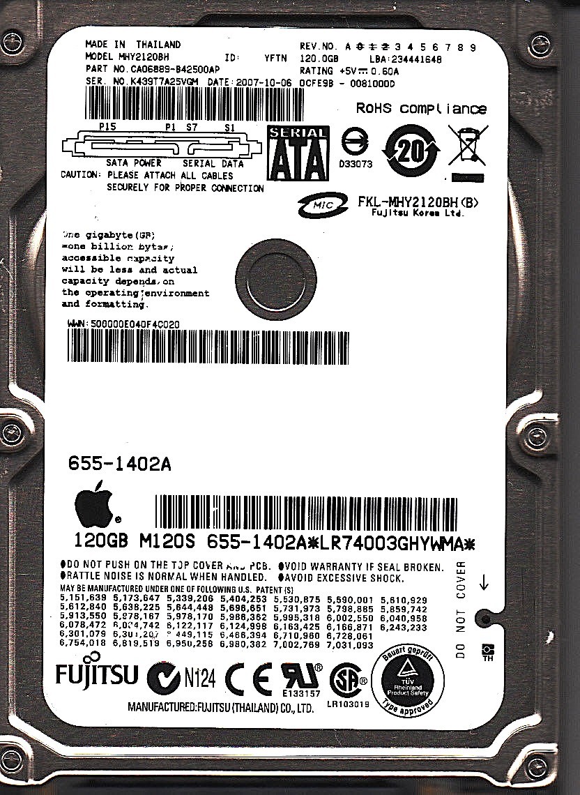 Fujitsu MHY2120BH pn: CA06889-B42500AP YFTN apple: 655-1402A 120GB 2.5 SATA 7414