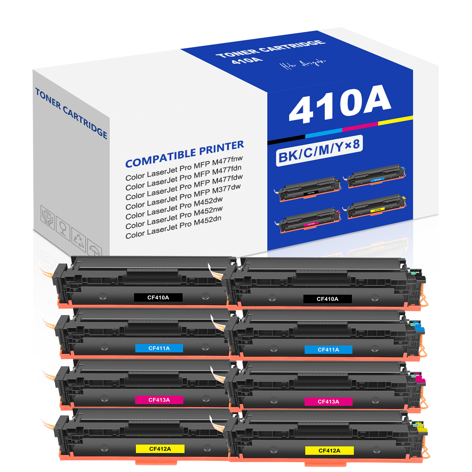 8PK CF410A 410A BK C Y M Toner for HP LaserJet Pro MFP M477 M477fnw M477fdw M452