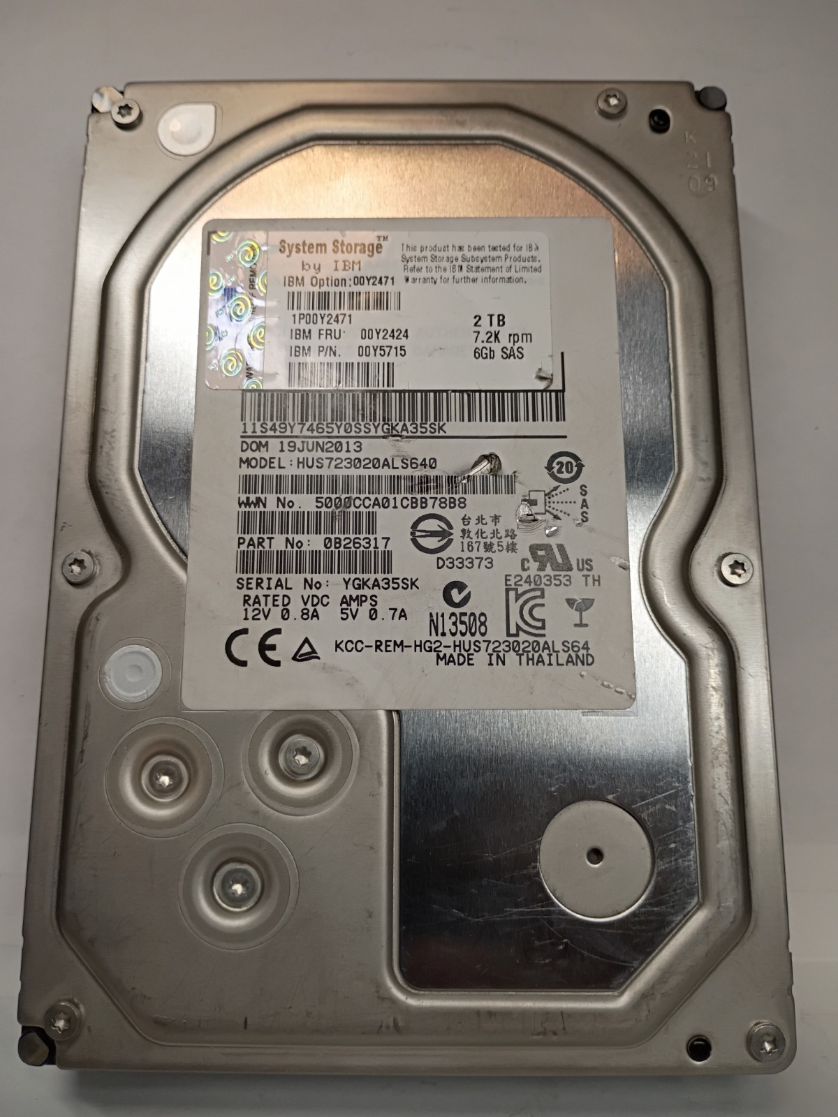 GENUINE IBM system storage 2TB 3.5" 7.2K SAS 6GBPS HDD p/n 00y5701 model...