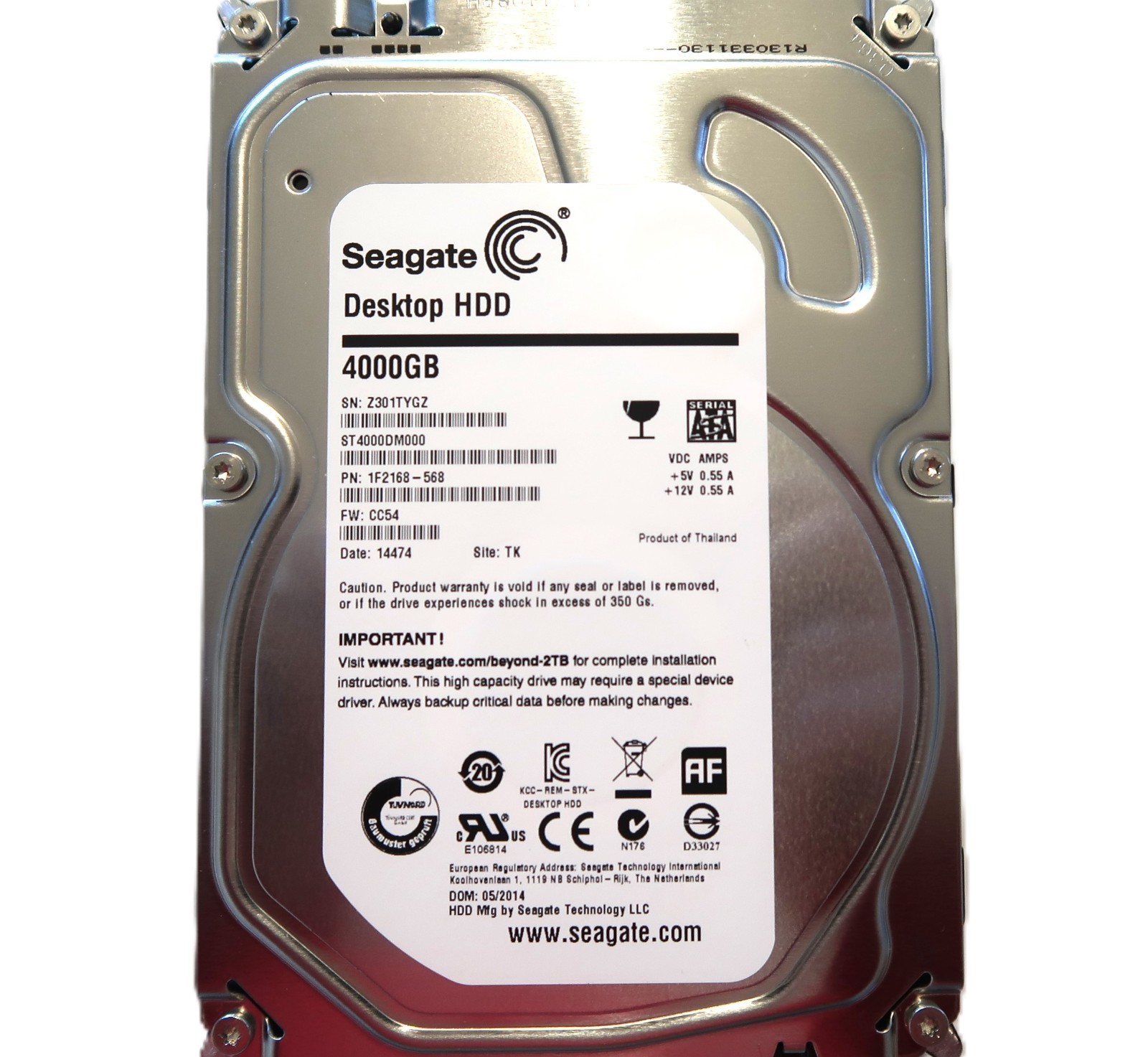 Seagate ST4000DM000 1F2168-568 CC54 (Z301) TK Thailand 4TB 3.5" Sata HDD 05/2014
