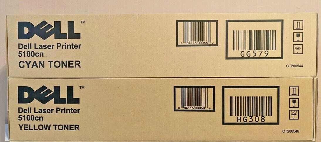 2 New Genuine Factory Sealed Dell GG579 Cyan HG308 Yellow Toners 5100cn