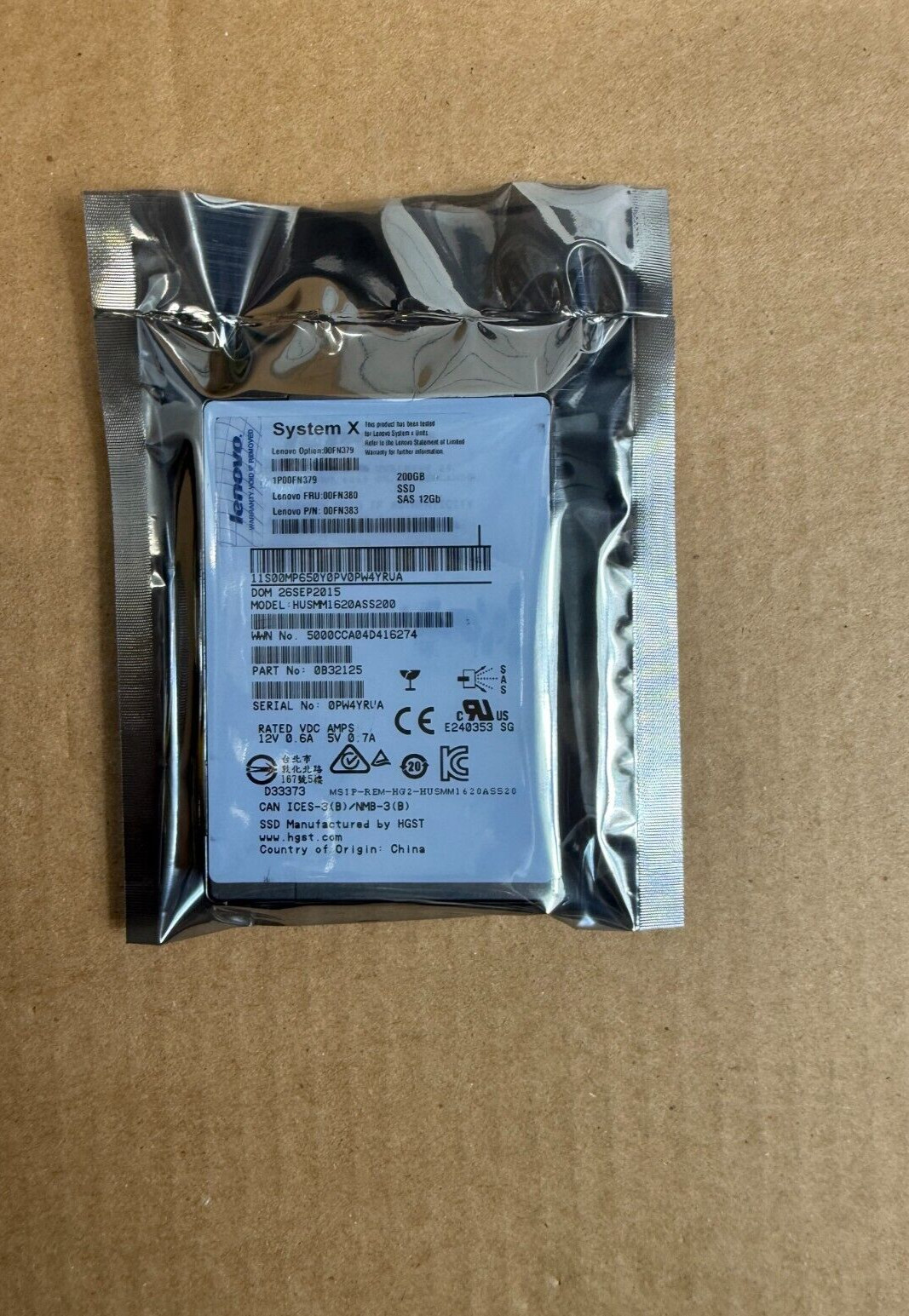 LENOVO HUSMM1620ASS200  00FN380 200GB SAS 3 2.5 in Solid State Drive