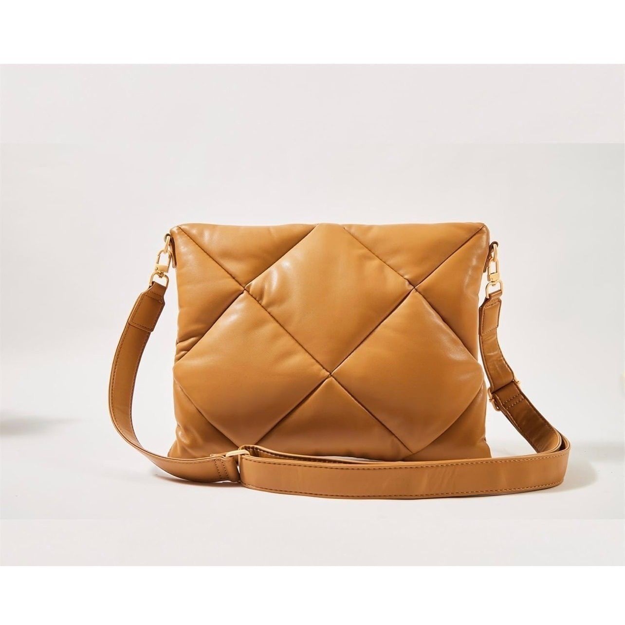 Vegan Leather Quilted Crossbody Clutch Bag Camel Tan Gold Hardware Star Charm