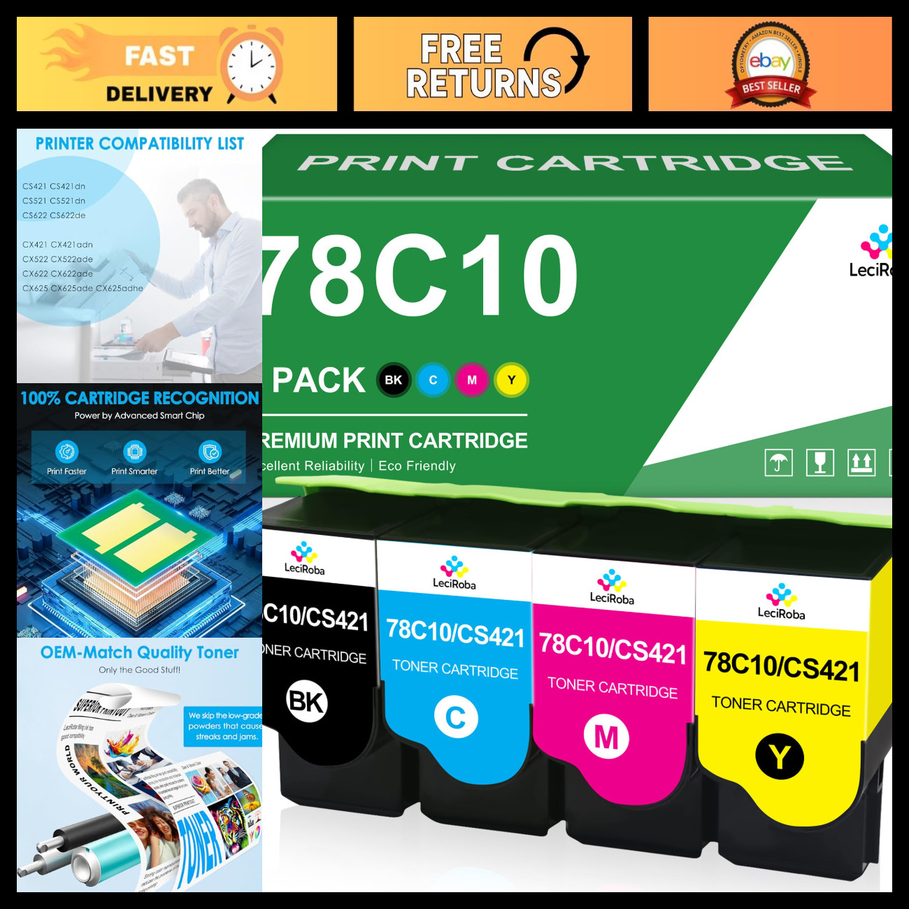 Toner Cartridge Replacement Set for Lexmark 78C10 CS421 - High Yield, Quality Pr
