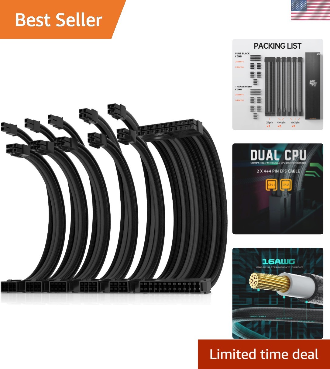 Versatile 30cm Power Supply Extension with 1x24-Pin ATX & Dual 8-Pin EPS