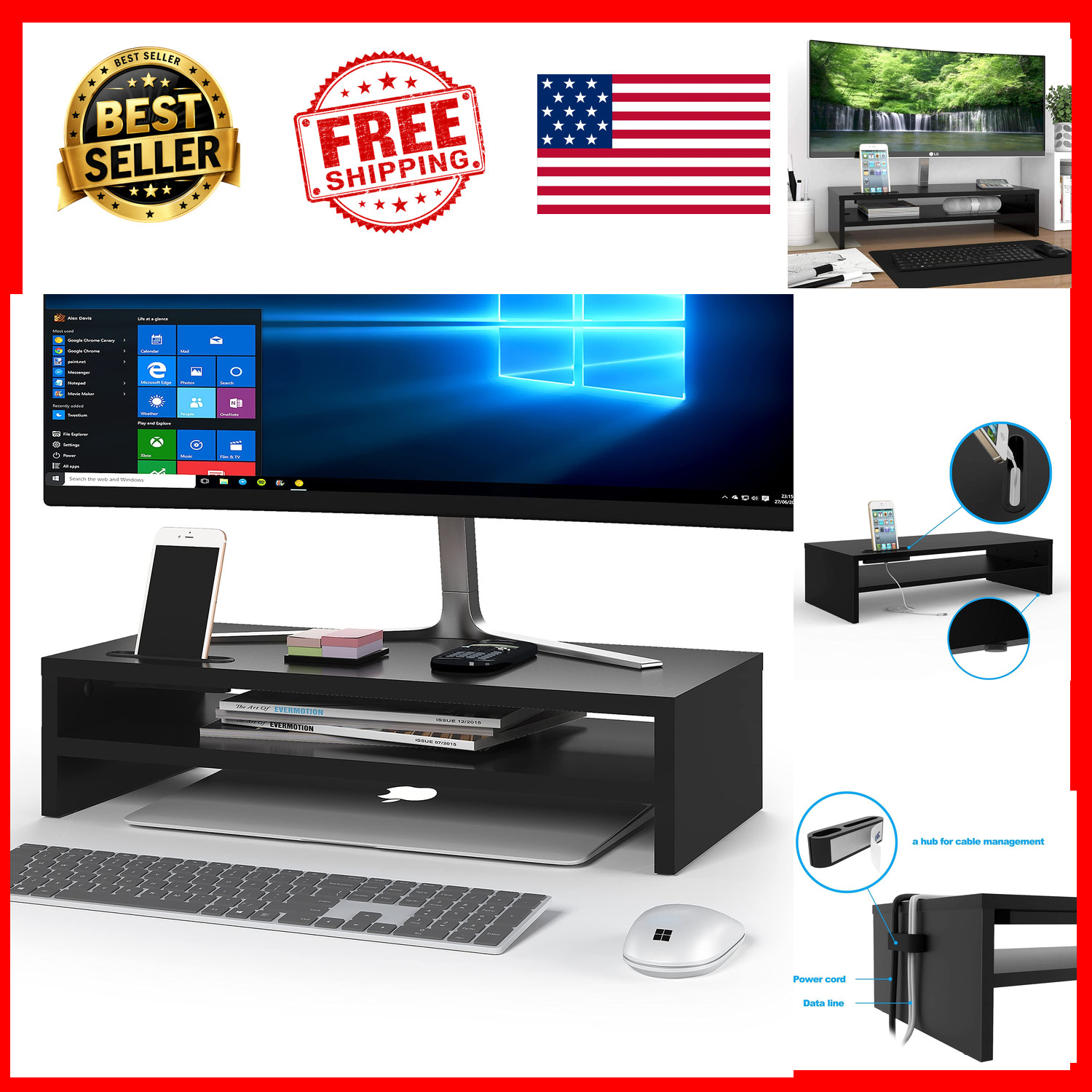 Wood Monitor Stand Riser 2-Tier Desktop Organizer 21.3 Inch Black MDF Ergonomic
