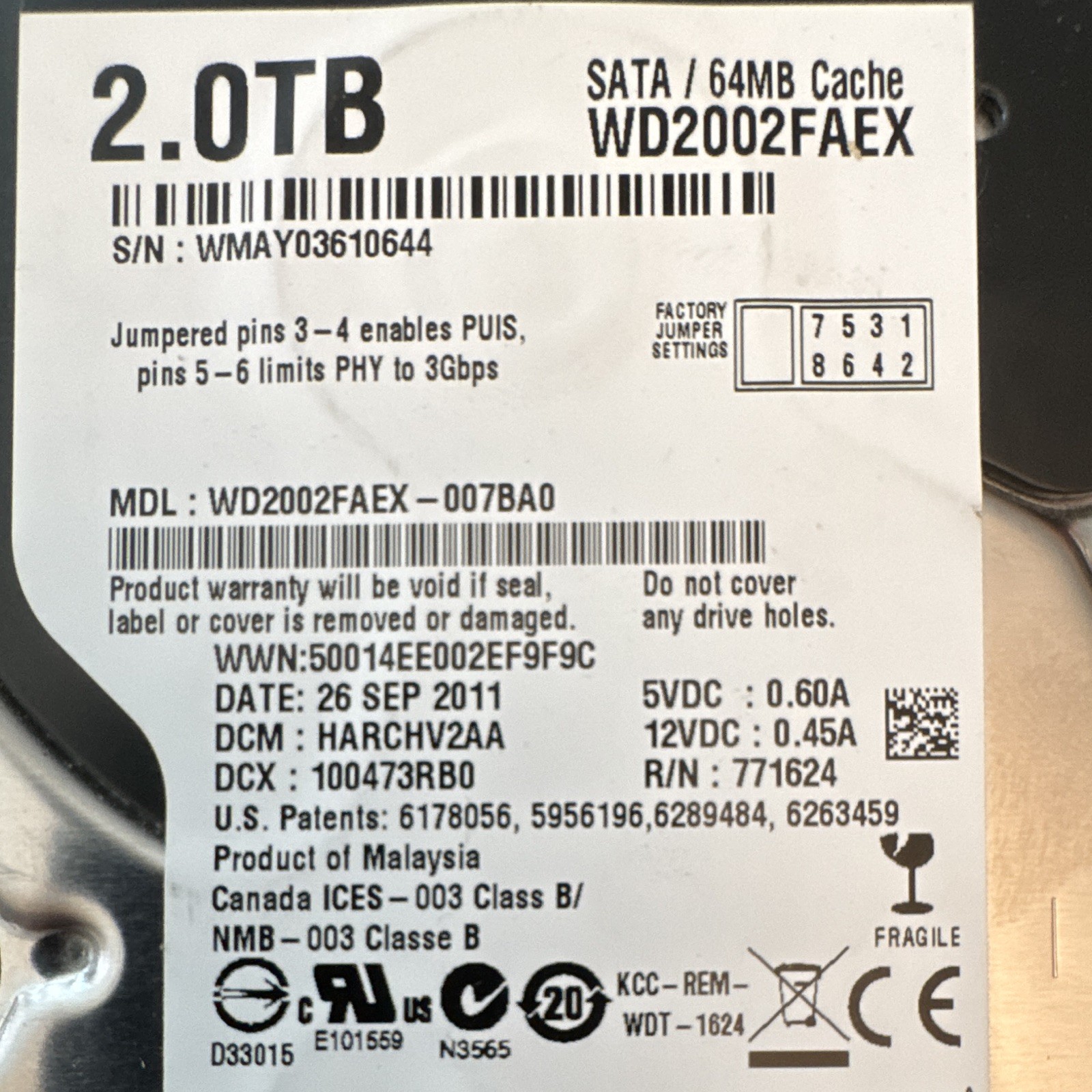 Western Digital WD Caviar Black 2TB 3.5" SATA 7200RPM 64MB WD2002FAEX