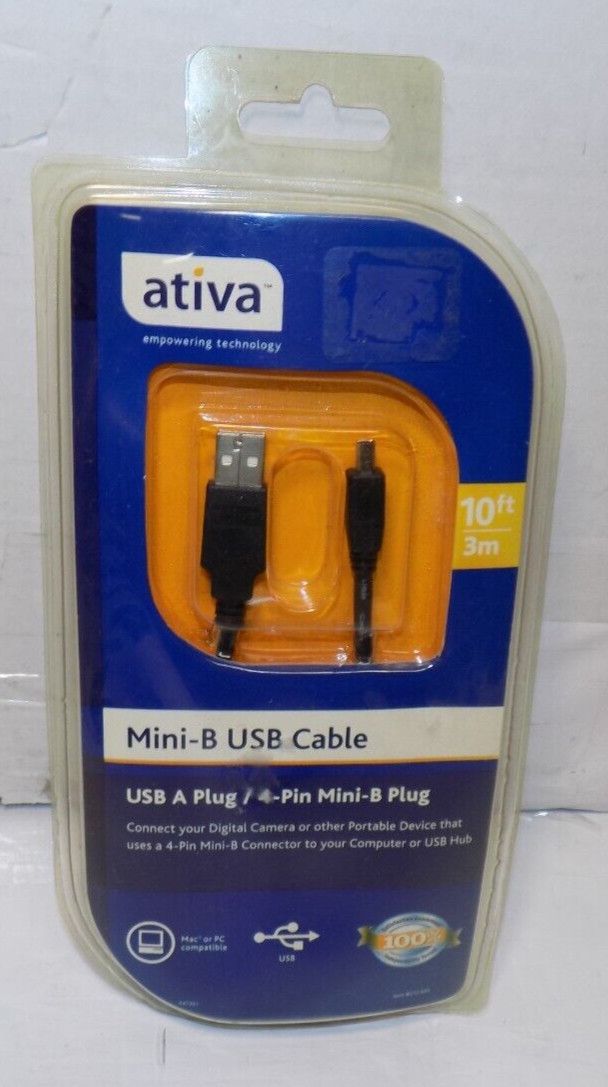 Ativa 10 Foot Mini-B USB Cable 212-664 4 Pin Mini-B Connector to USB