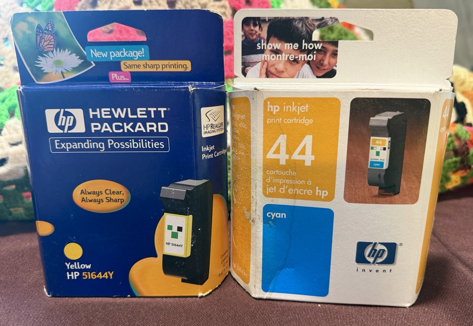 TWO Genuine HP  Ink Cartridges 51644Y Yellow HP 44 Cyan New In Sealed Boxes