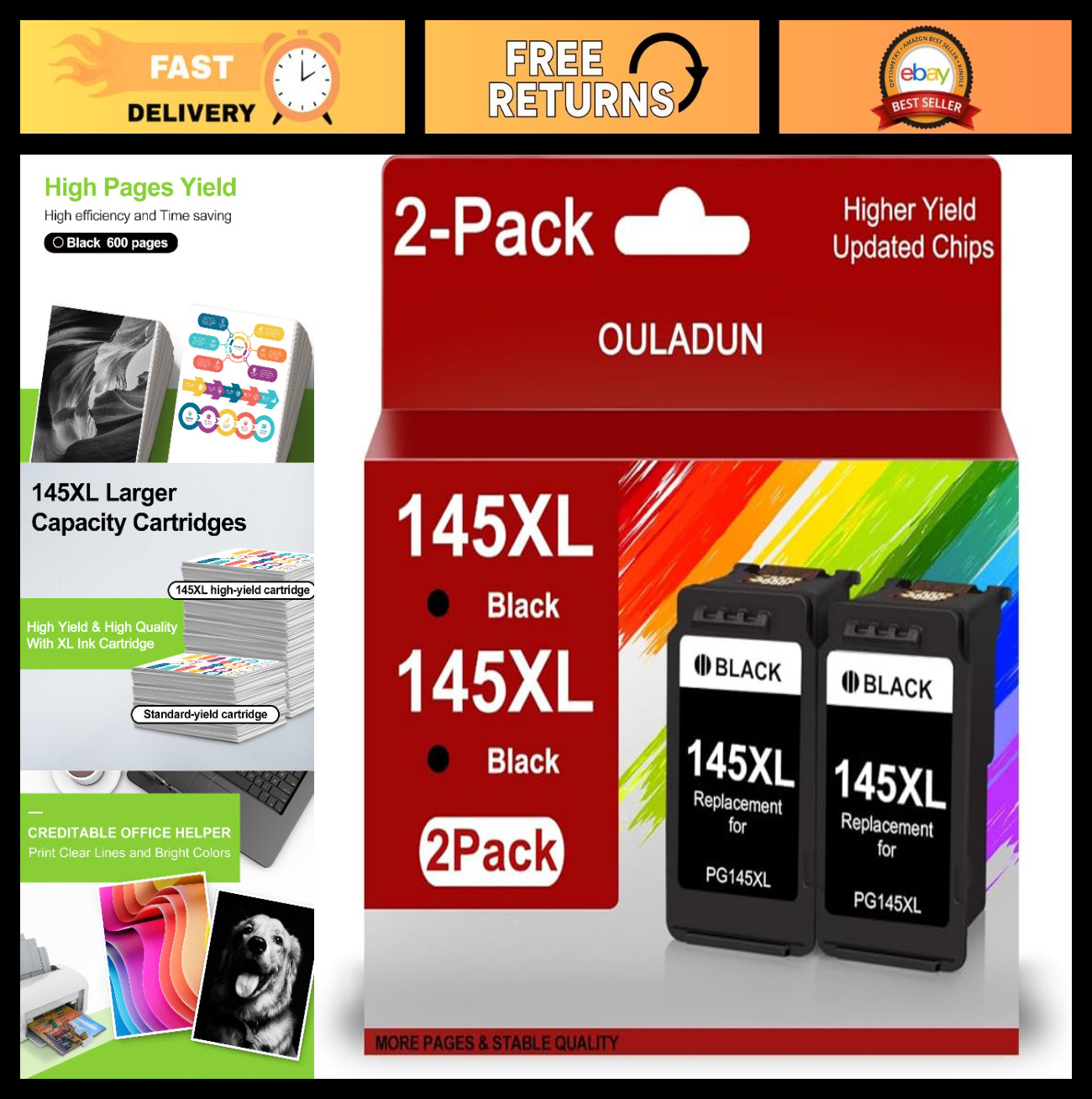 High Yield Black Ink Cartridges Combo Pack for Canon PIXMA TS3110 MG Series (2 P