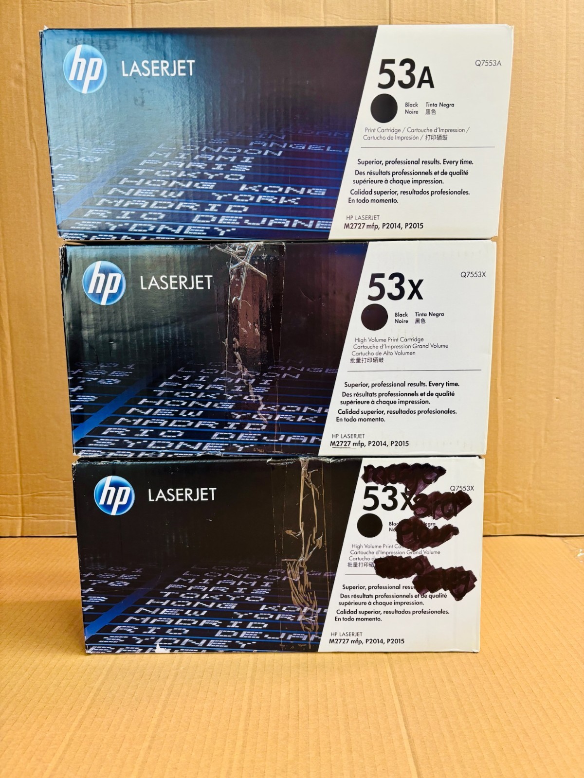 3 Genuine HP 53A, 53X LaserJet M2727nf, P2014 Black Toners Q7553A x1, Q7553X x2