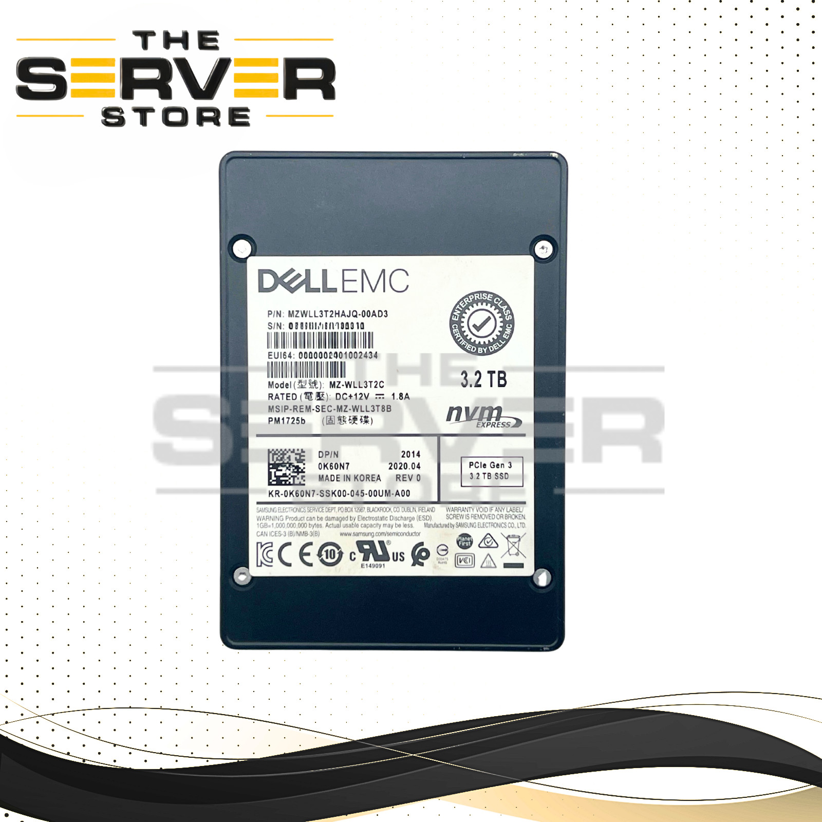 Dell EMC 3.2TB NVMe U.2 G3 2.5" MU SSD Samsung PM1725b MZ-WLL3T2C 0K60N7 K60N7