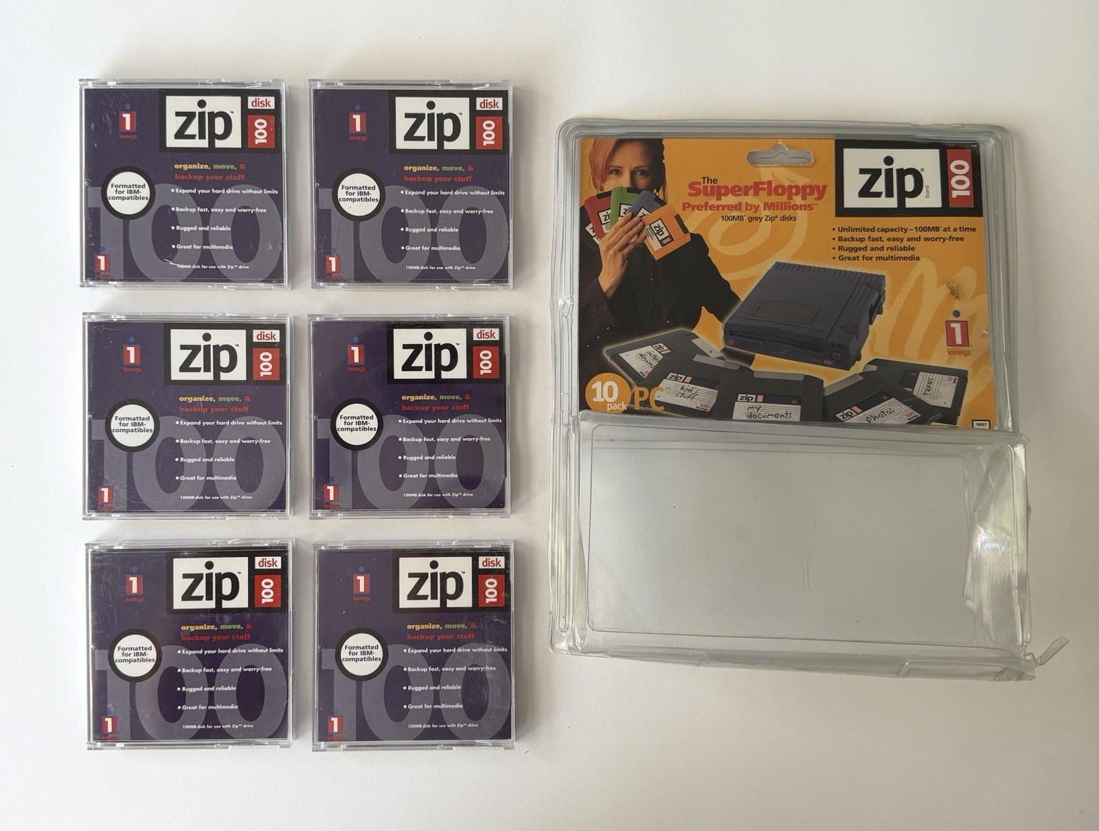 Lot of 6 Iomega Zip 100MB Disks PC100 w/ Cases Vintage Data Storage Used