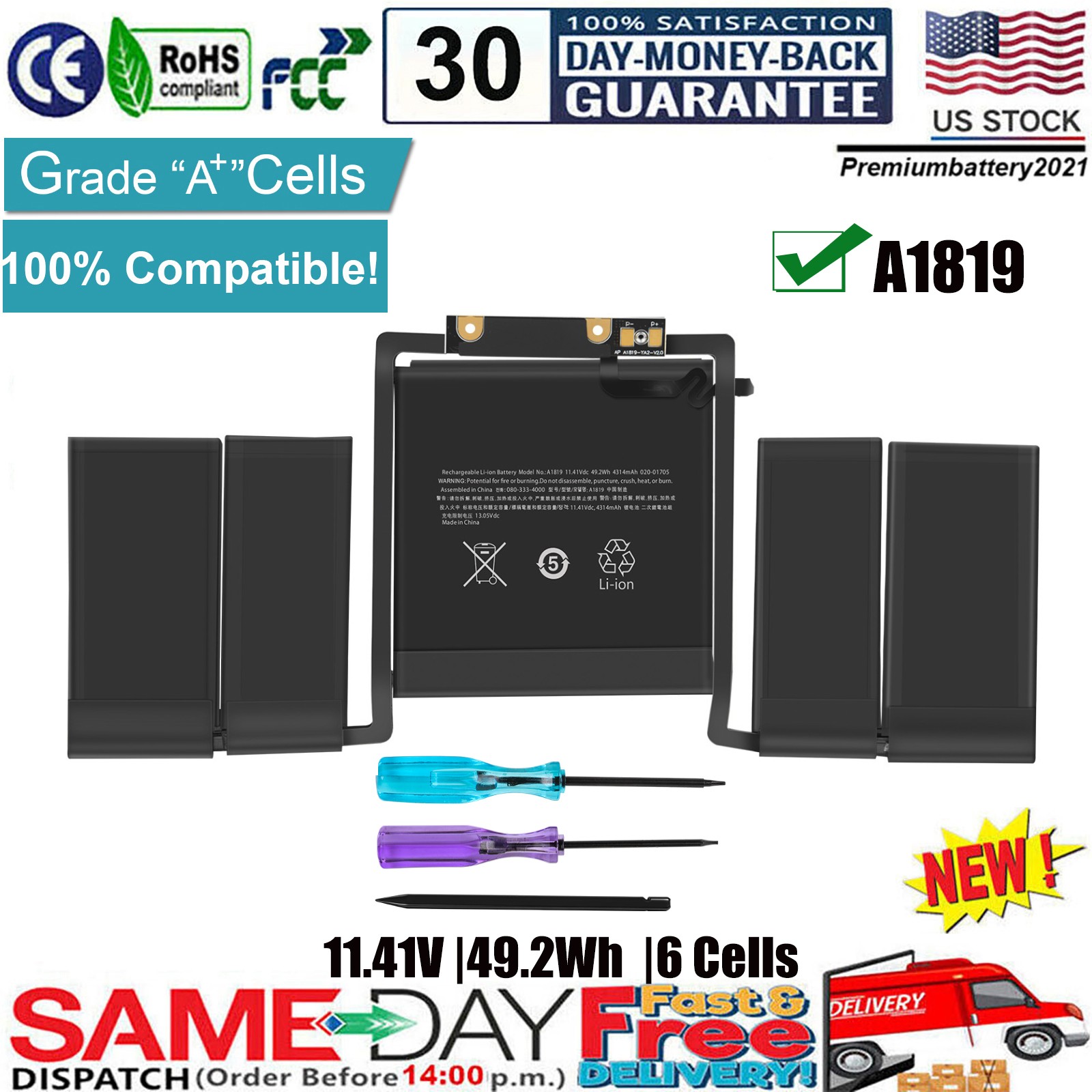✅A1819 A1706 Battery For Macbook Pro 13" A1706 Later 2016 mid 2017 EMC 3071 3163
