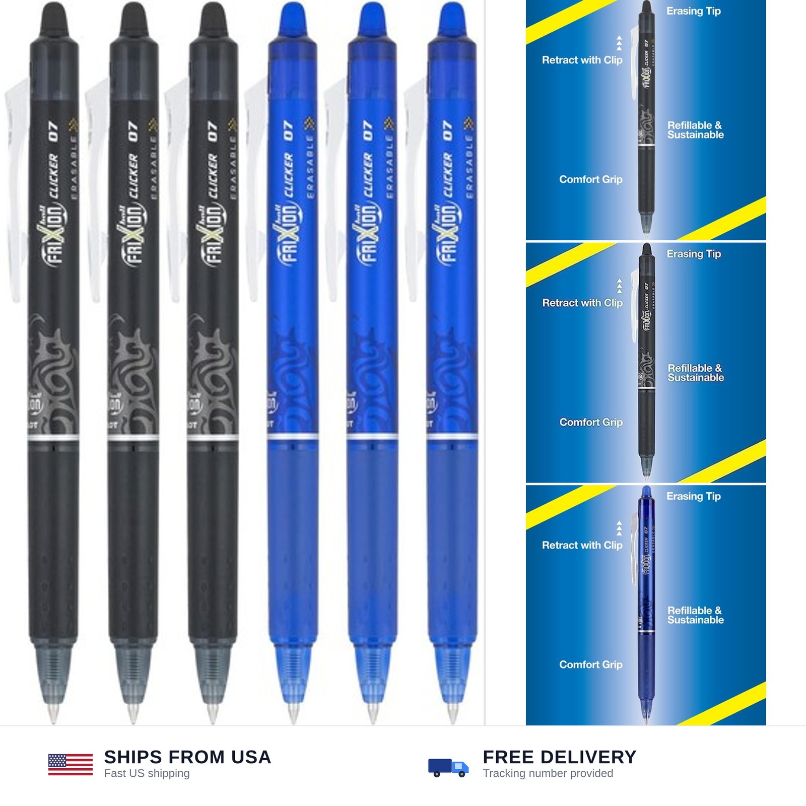 Pilot FriXion Clicker 0.7mm, Erasable Gel Pens, Fine Point (6-Pack, Black/Blue)