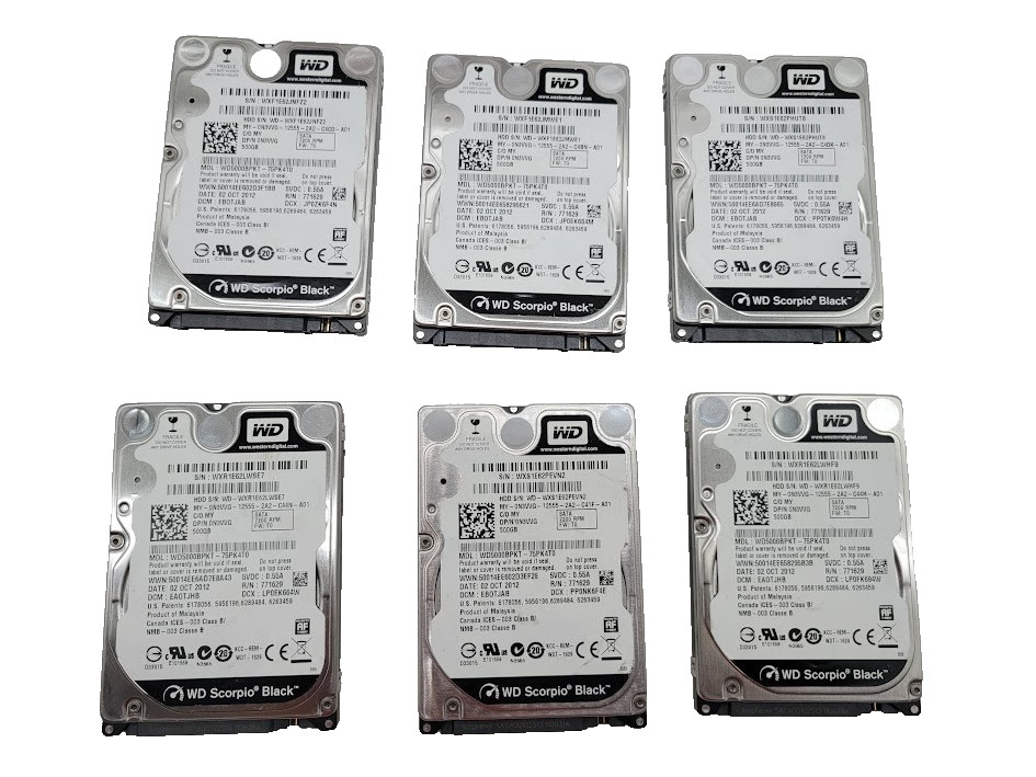 Lot of 6 Western Digital WD5000BPKT-75PK4T0 500gb 2.5" Sata hard Drive