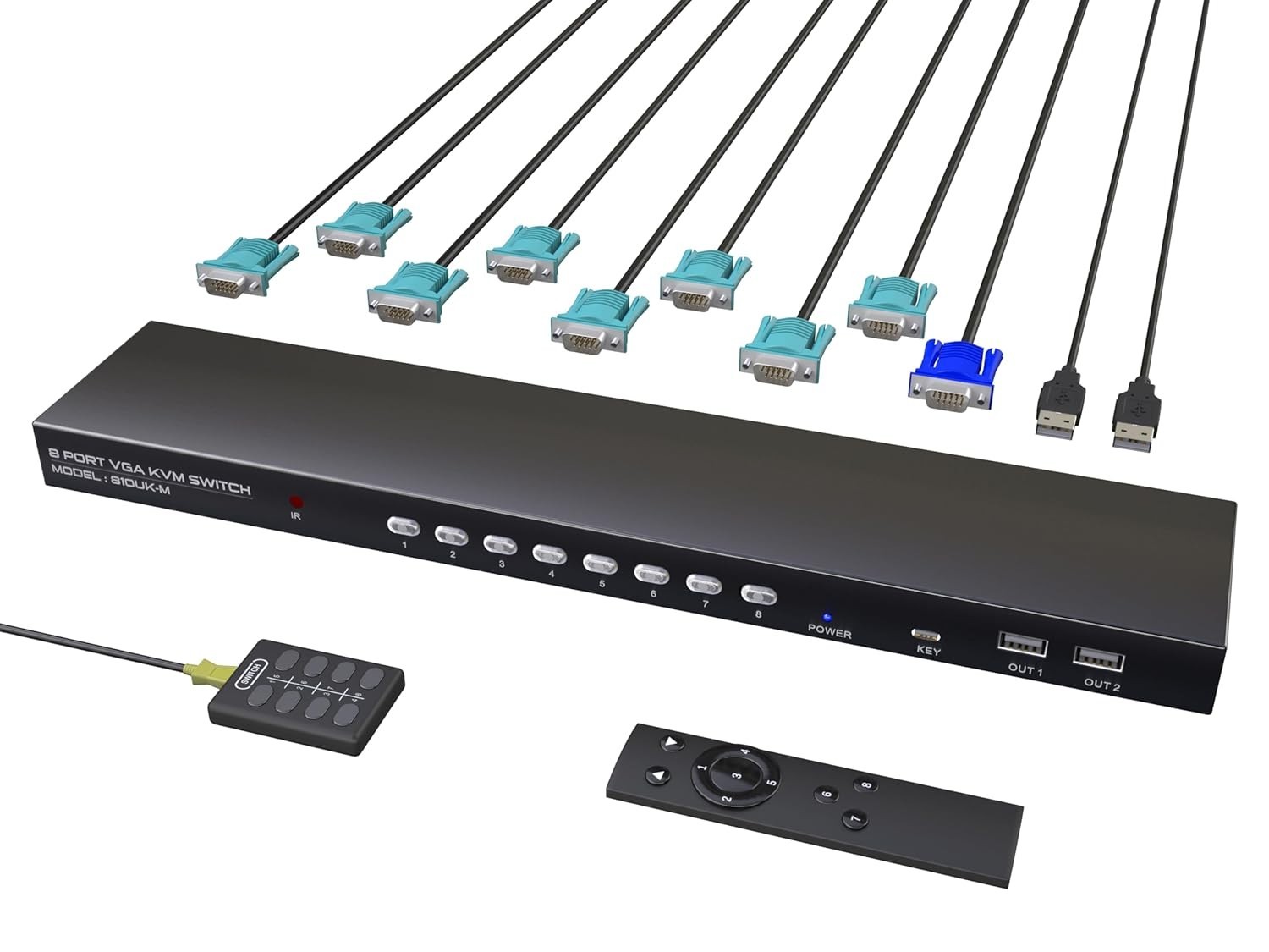 VGA KVM Switch with 8 Pack Cables, USB 2.0 Switcher for 8 Computers Share 1 Moni