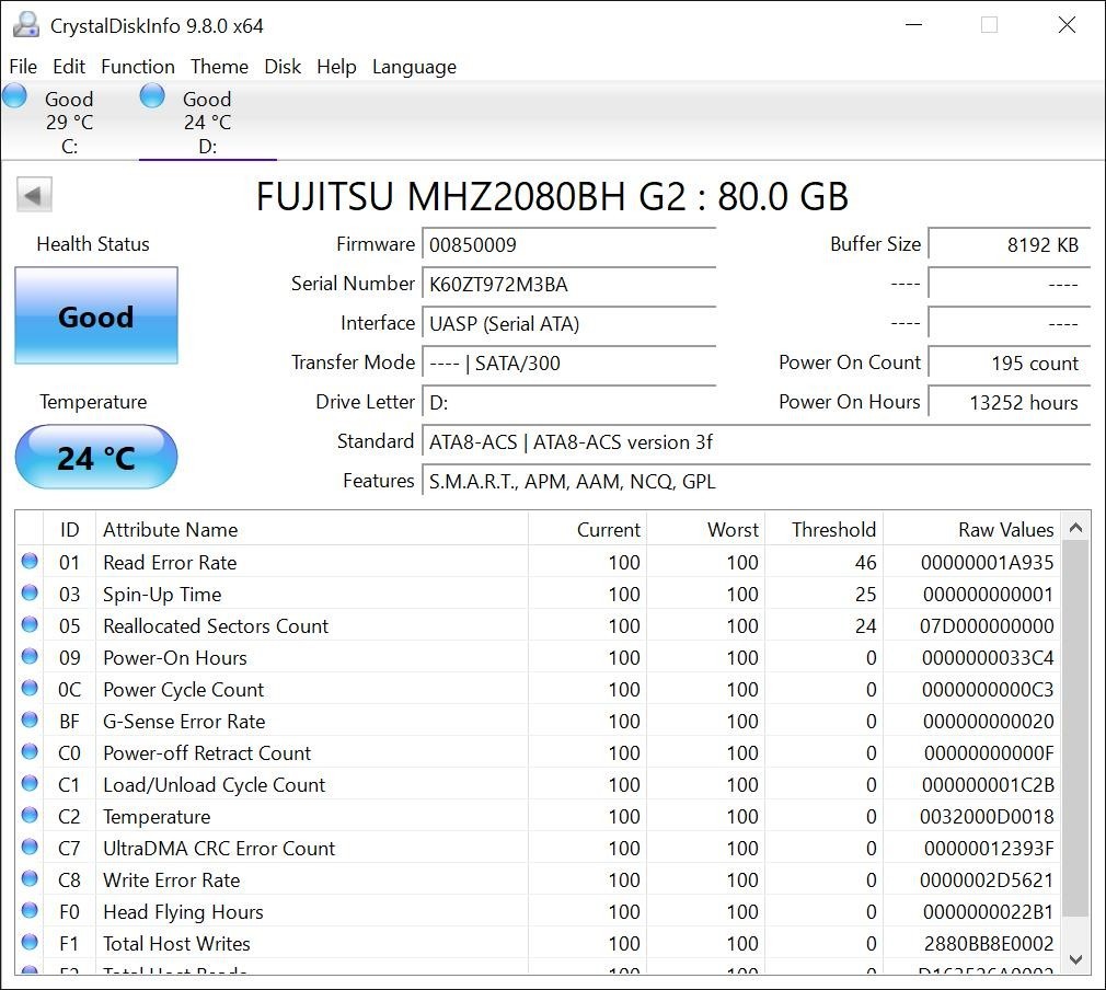 FUJITSU MHZ2080BH, 80GB, 5400RPM, 2.5" laptop hard disk