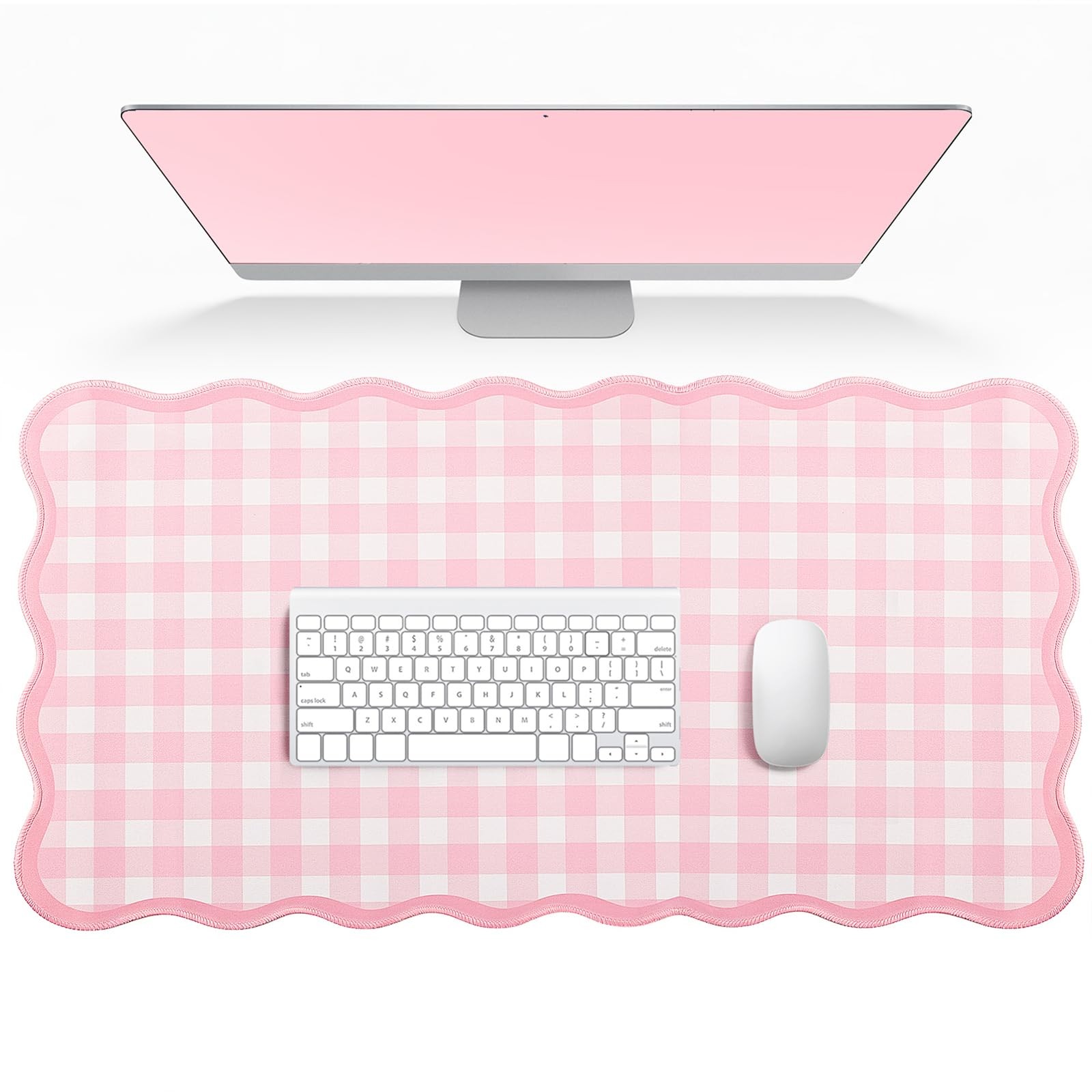Scalloped Gingham Pink Desk Mat,Large Cute Desk Pad for Keyboard ,Girly Pad f...