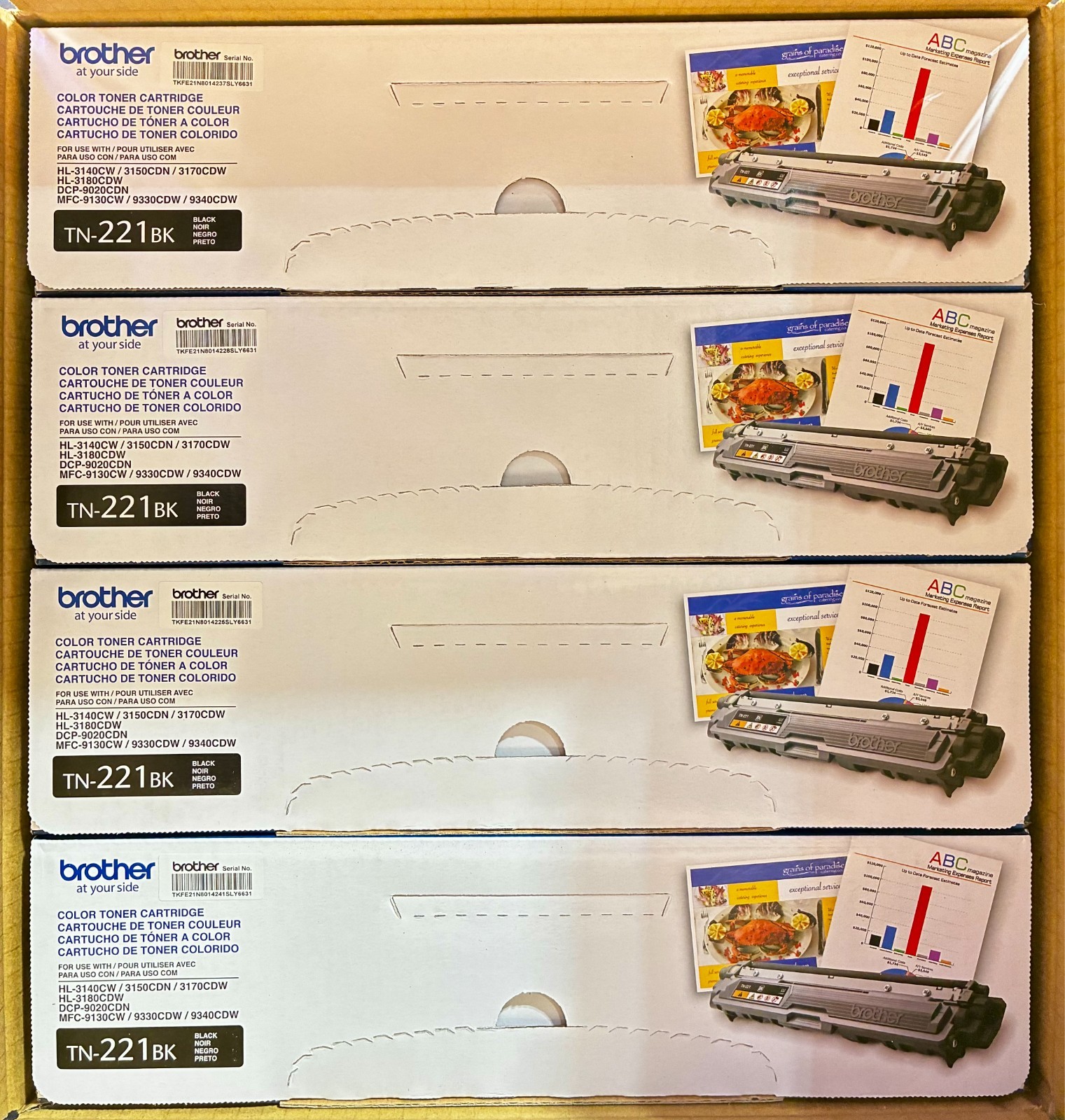 4x Brother TN221BK Black Toner Cartridges Genuine OEM NEW SEALED