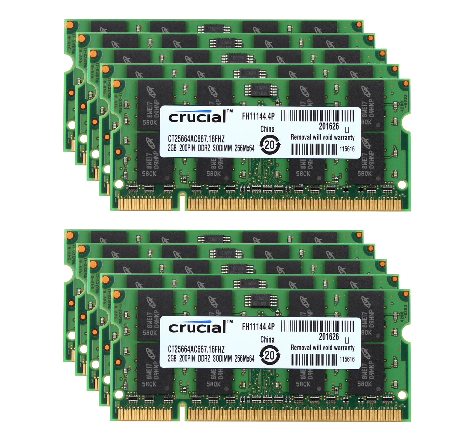 10PCS 2GB RAM Crucial Kit 2RX8 PC2-5300S DDR2 667Mhz SODIMM Laptop Memory 20GB @