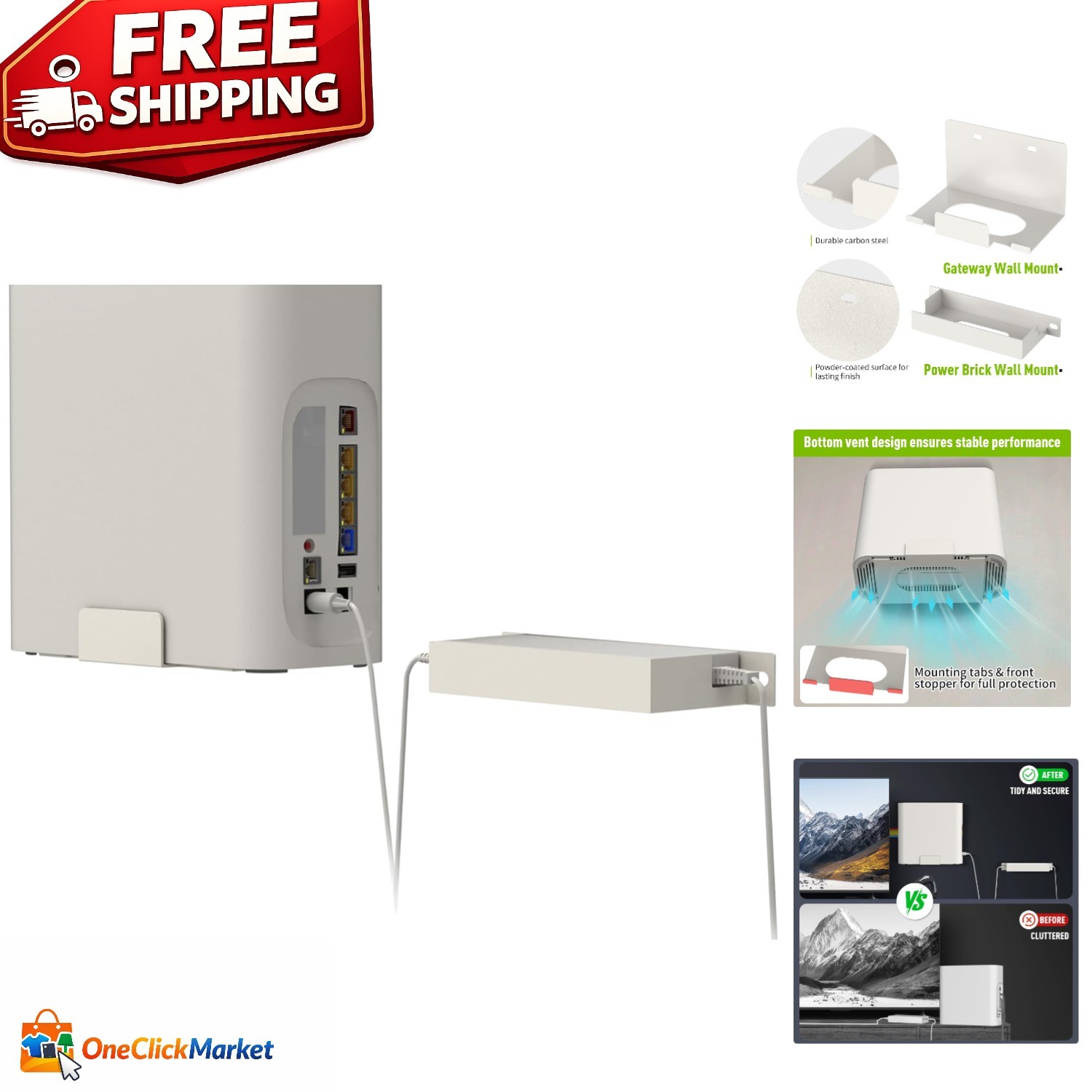 Professional White Wall Mount for AT&T Fiber Modem - Includes Power Brick Holder