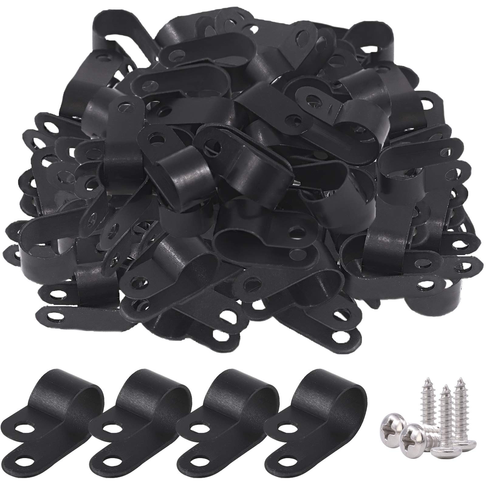 120Pcs 1/2 Inch Black Nylon Screw Mounting R-Type Cable Clip Wire Clamp with ...