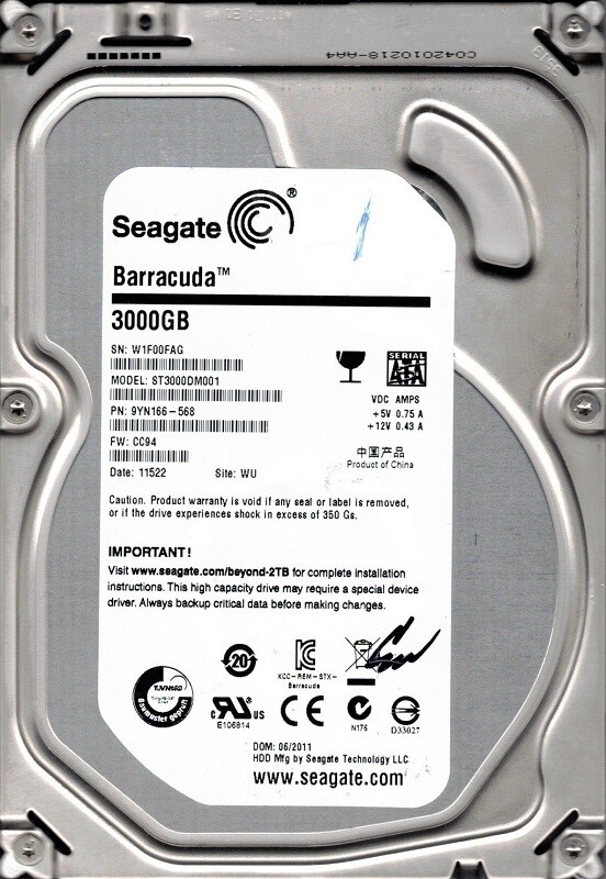 ST3000DM001 P/N: 9YN166-568 F/W: CC94 WU W1F0 Seagate 3TB