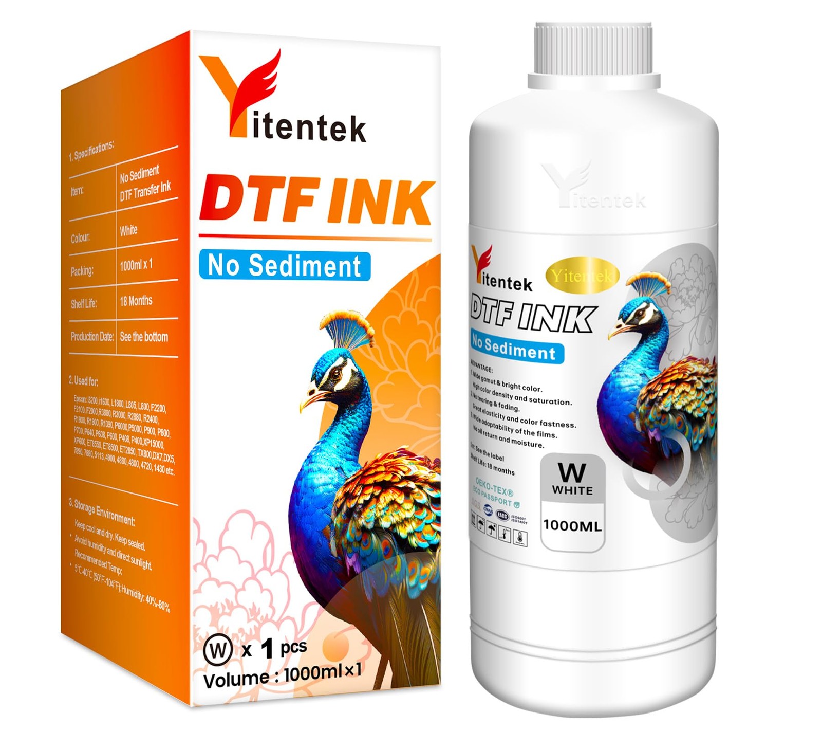 Yitentek No Sediment DTF White Ink 1000ML DTF Transfer Ink for PET Film, Pigm...