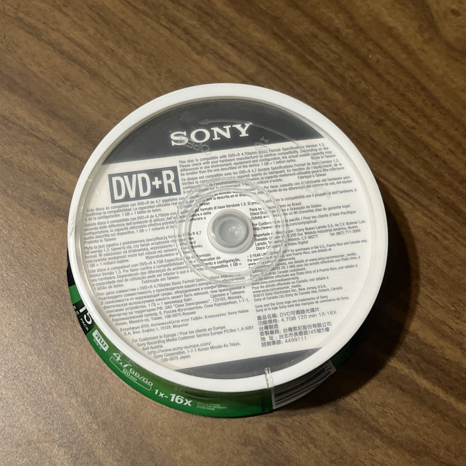 Sony DVDR 120 MIN 4.7GB, 16X, 15 Pack Recordable Blank Media DVD+R NEW SEALED