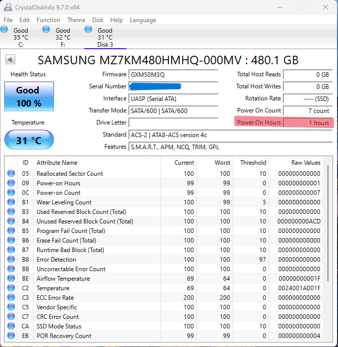 SAMSUNG PM863a 2.5" 480GB SATA 6Gb/s SSD  MZ-7LM480N Power on for 1 Hour only