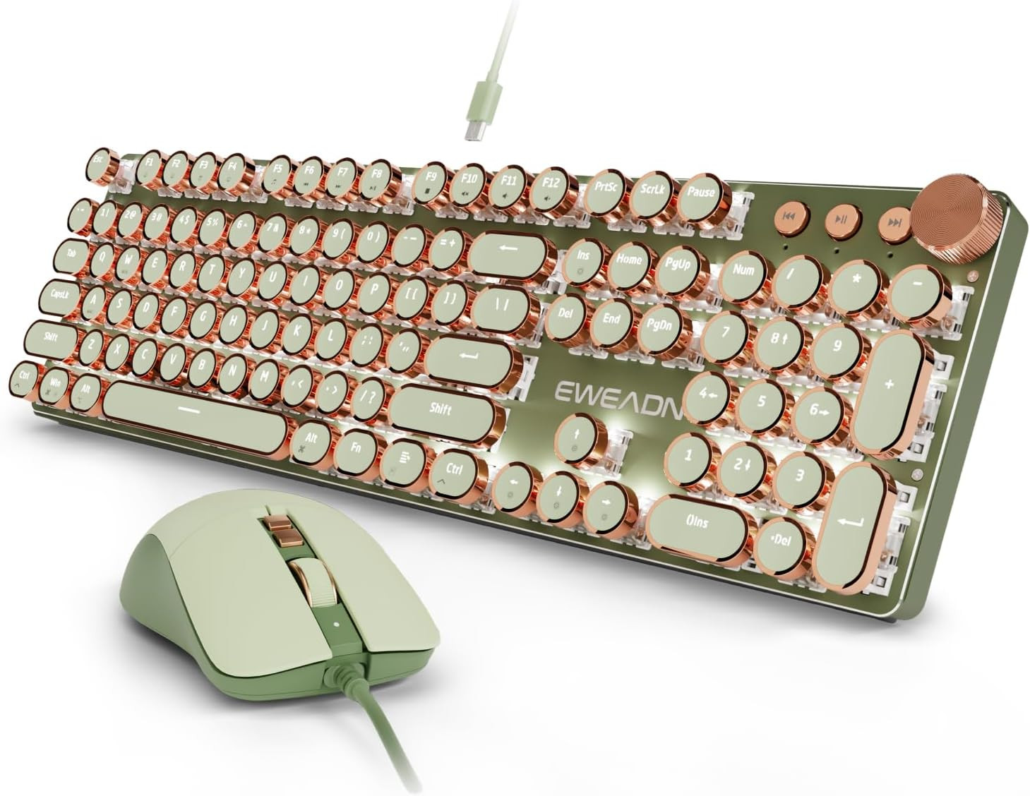 Wired Typewriter Keyboard and Mouse Combo, White Backlit, Soft Clack, Green