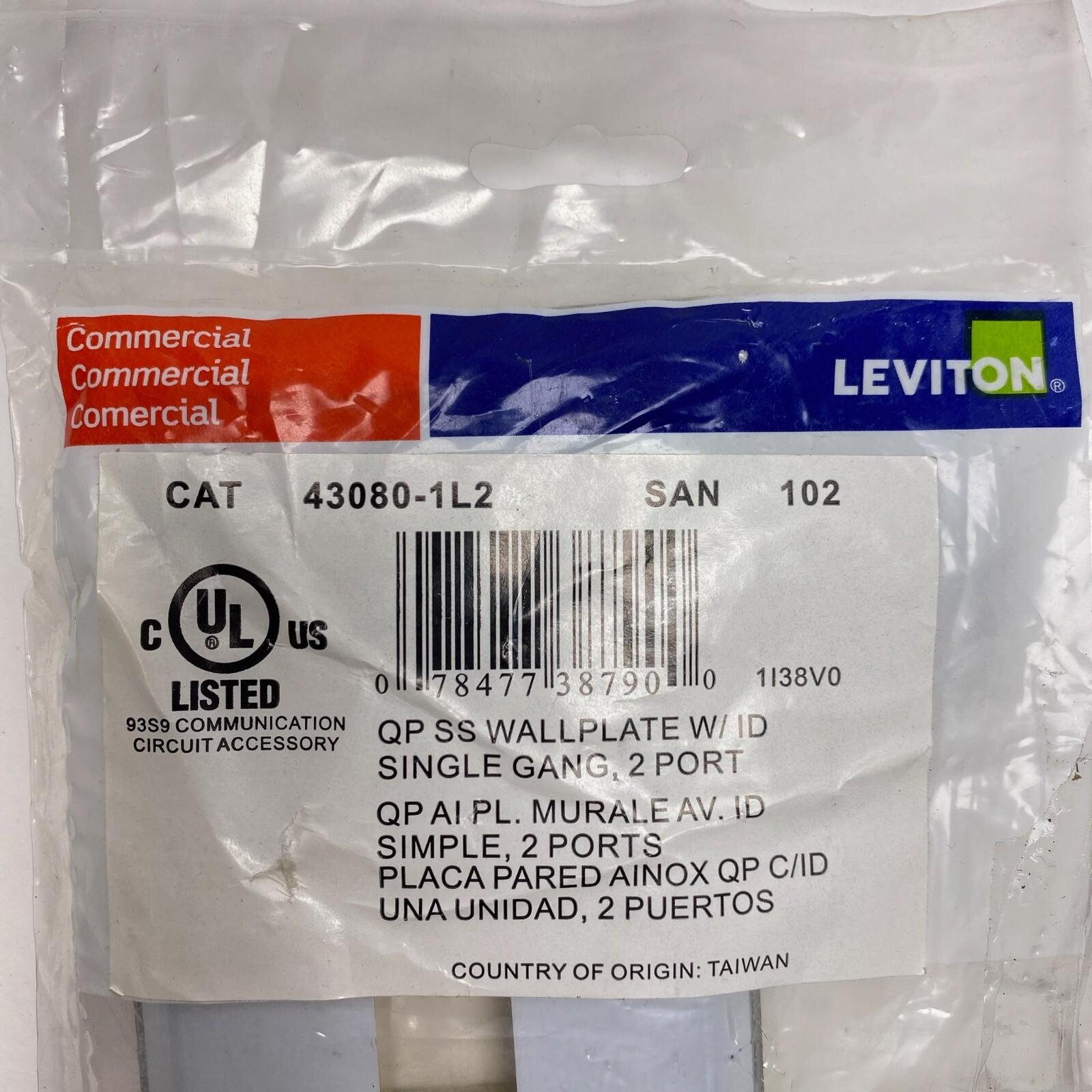 Leviton 43080-1L2 QUICKPORT Stainless Steel Wall Plate with ID Windows. 2-Port