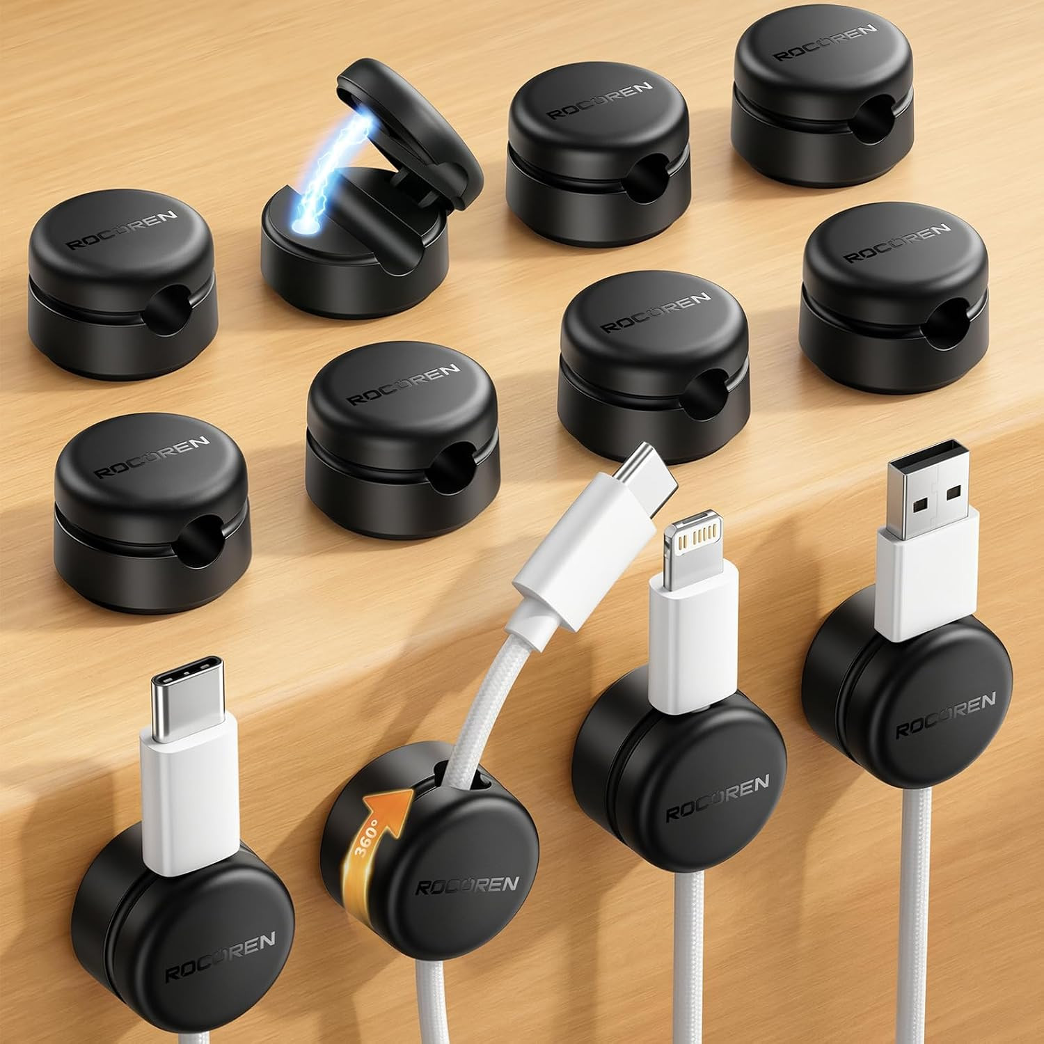 12 Pack Magnetic Cable Clips,360° Rotating Cord Organizer Holder
