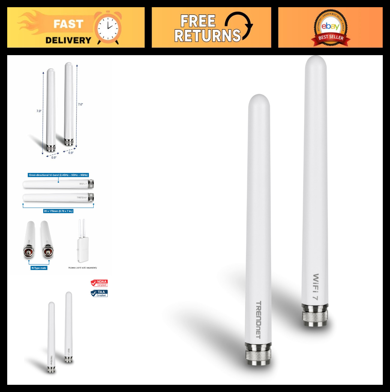 Outdoor Tri-Band Omni Antenna Kit, 3/6/7 dBi, 2.4GHz, 5GHz, 6GHz, N-Type Connect