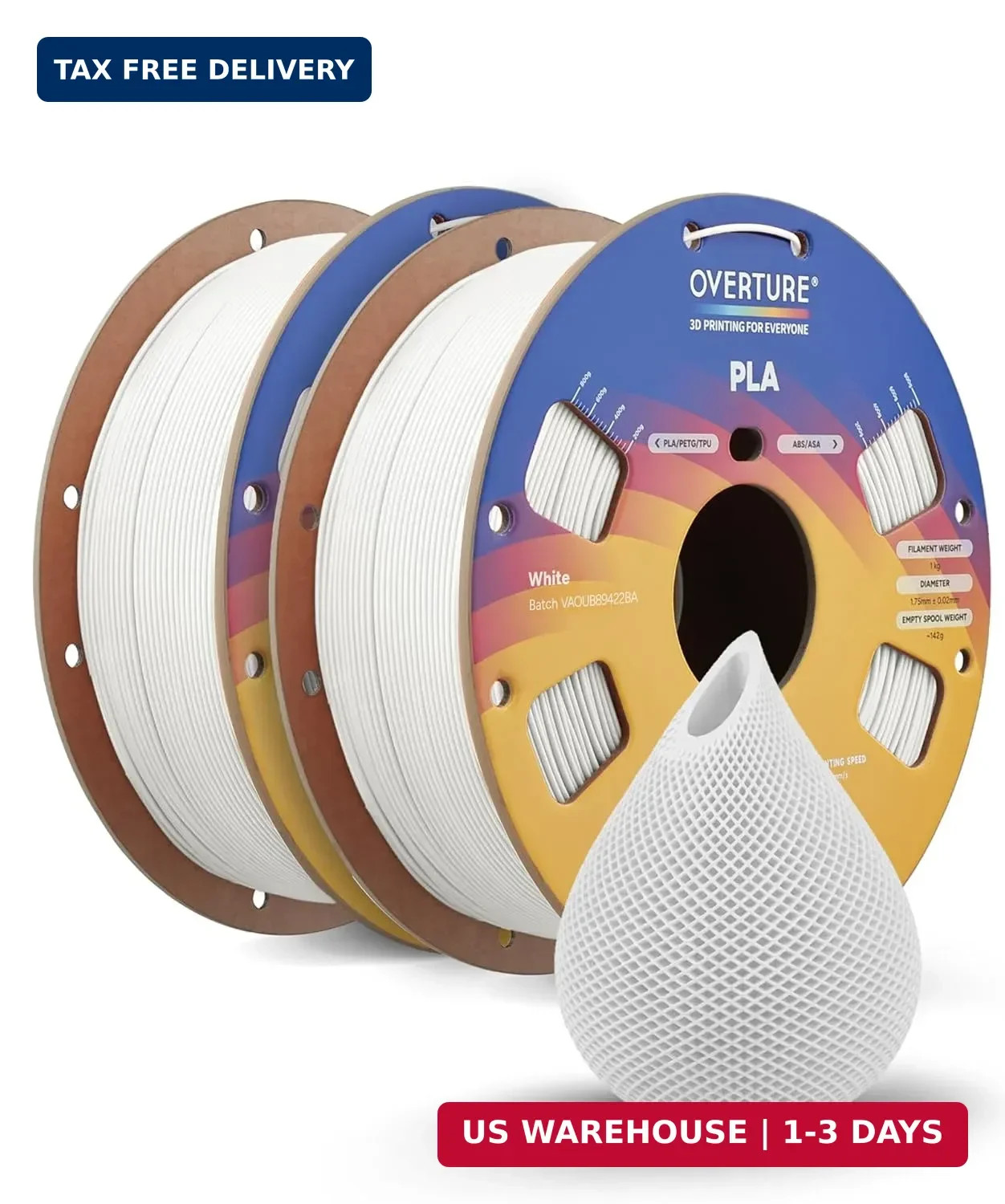 OVERTURE PLA Filament 1.75mm PLA 3D Printer Filament, 2kg Cardboard Spool (4.4lb