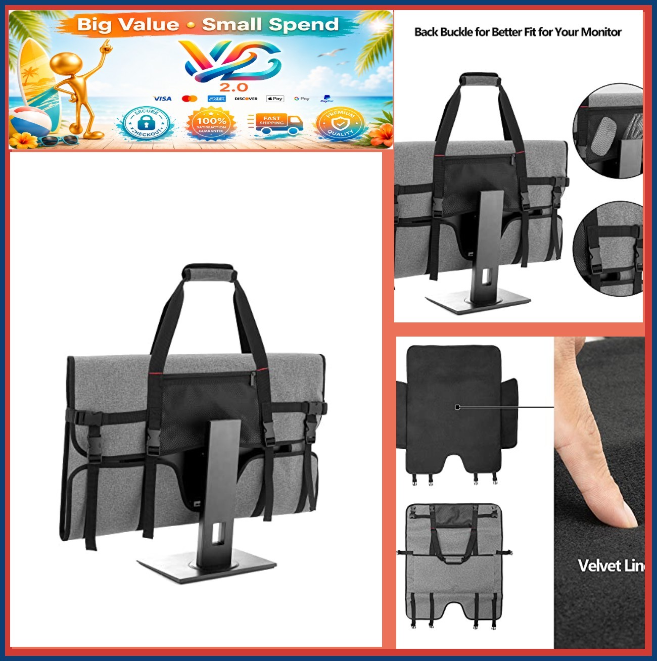 NEW Travel Carrying Case for 27" LCD Monitor Grey Padded Velvet Lining