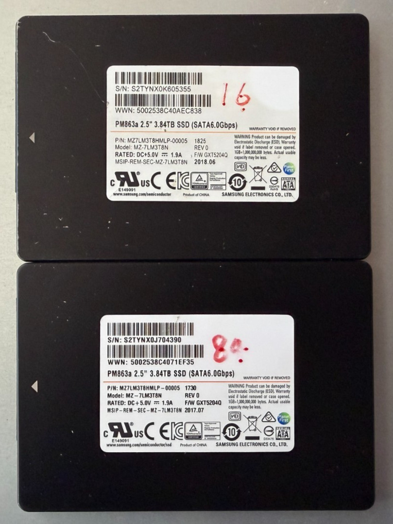 Lot of 2 - Samsung PM863a 3.84TB 2.5" SATA SSD MZ-7LM3T8N MZ7LM3T8HMLP (Writing)
