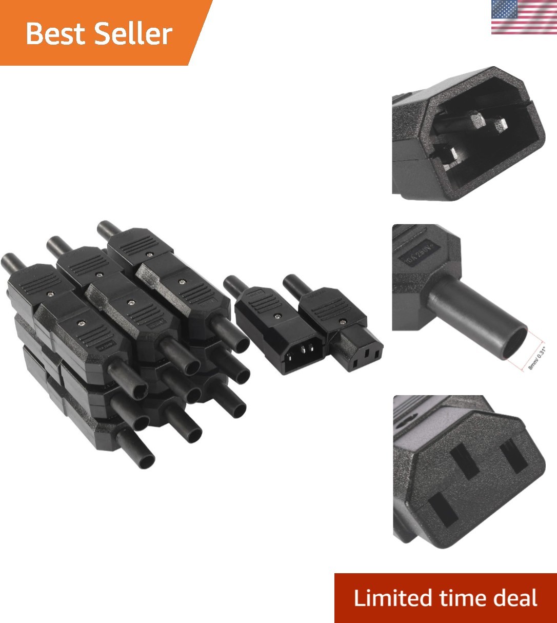 10Pair AC250V 10A IEC C14 Male C13 Female, 3 Pins Terminals Inline Adapter Pl...