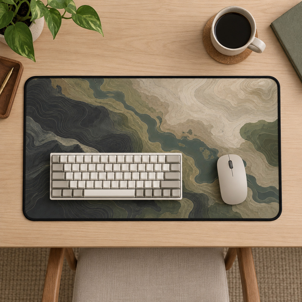 Topographic Desk Mat, Earth Tone Mouse Pad, Mountain Map Gaming Desk Decor