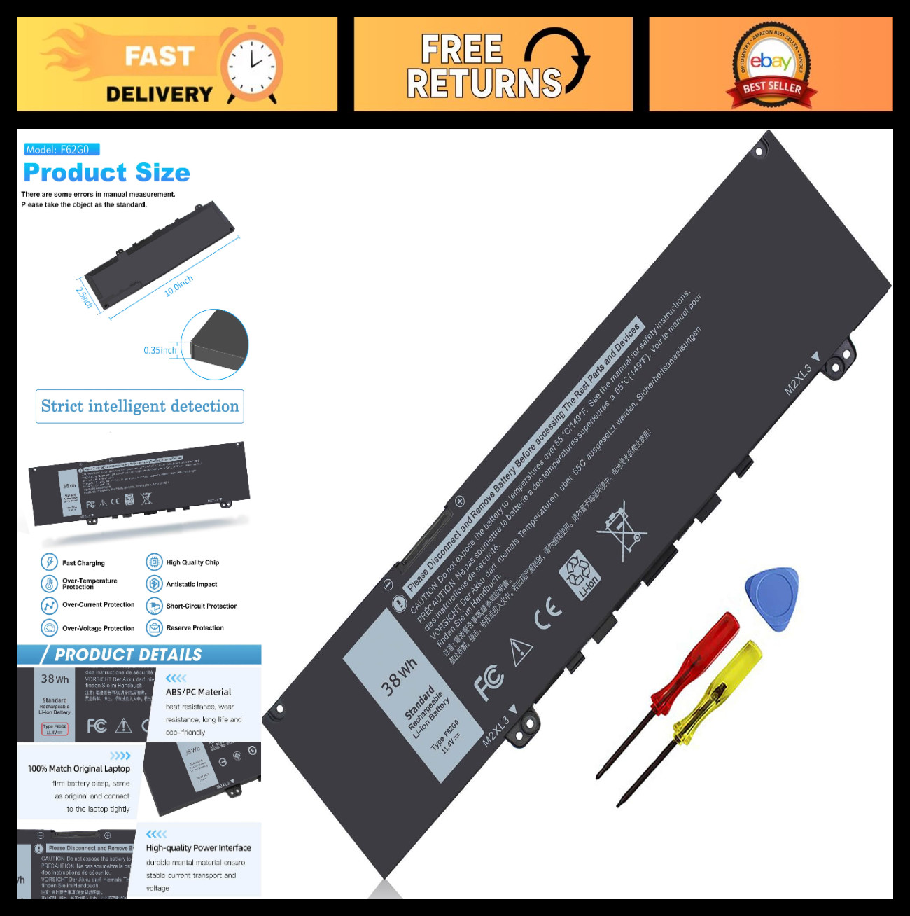 38Wh Laptop Battery for Dell Inspiron 13 7000 2-in-1 Series, 11.4V, High Capacit