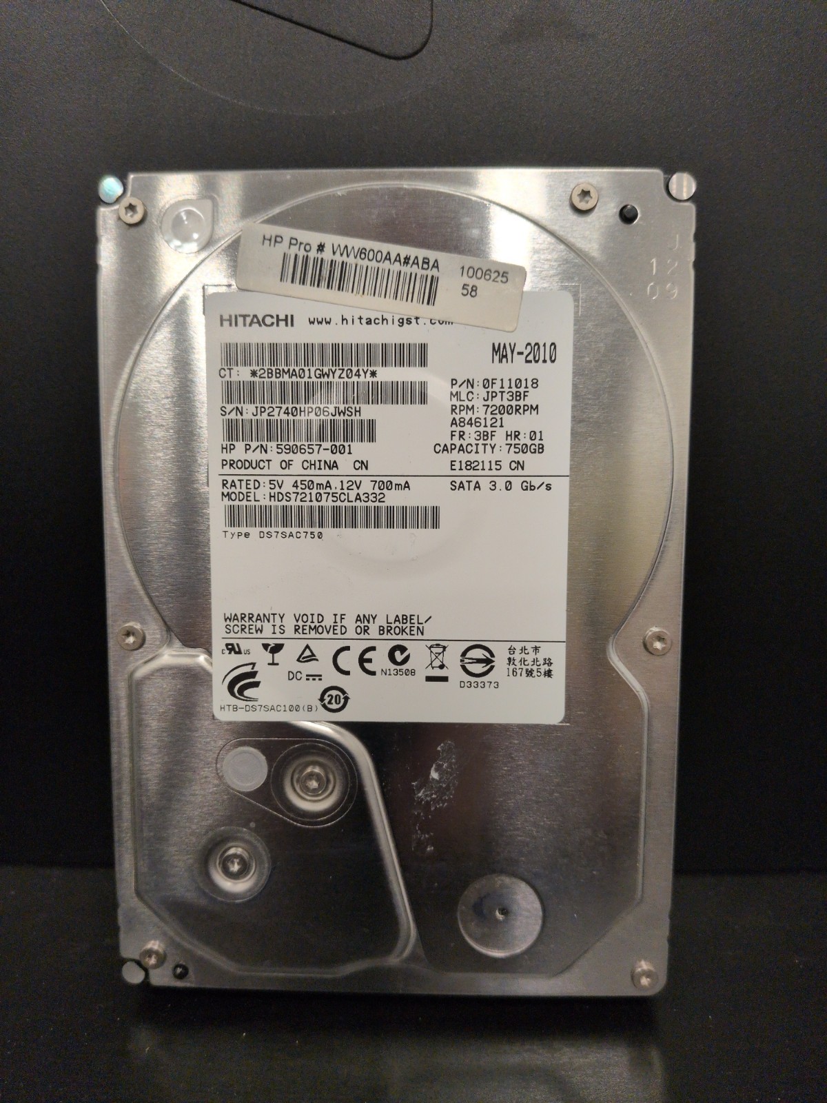 Hitachi HDS721075CLA332 750GB 3.5" SATA HDD - Used DoD Short Wiped
