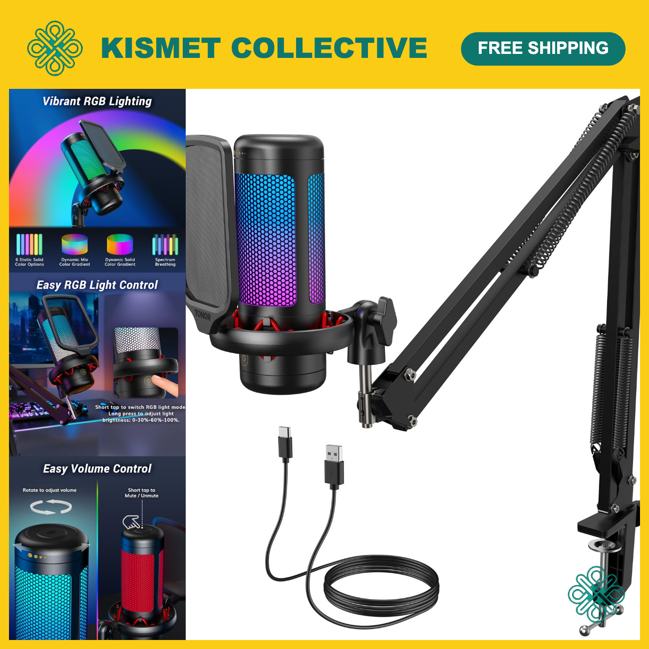 Gaming Microphone Set with Boom Arm, USB Condenser Mic for Streaming, RGB, Tap M